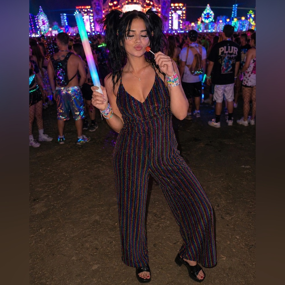 Sparkly Rainbow Stripe Wide-Leg Jumpsuit Halter Top Crisscross Adjustable Straps